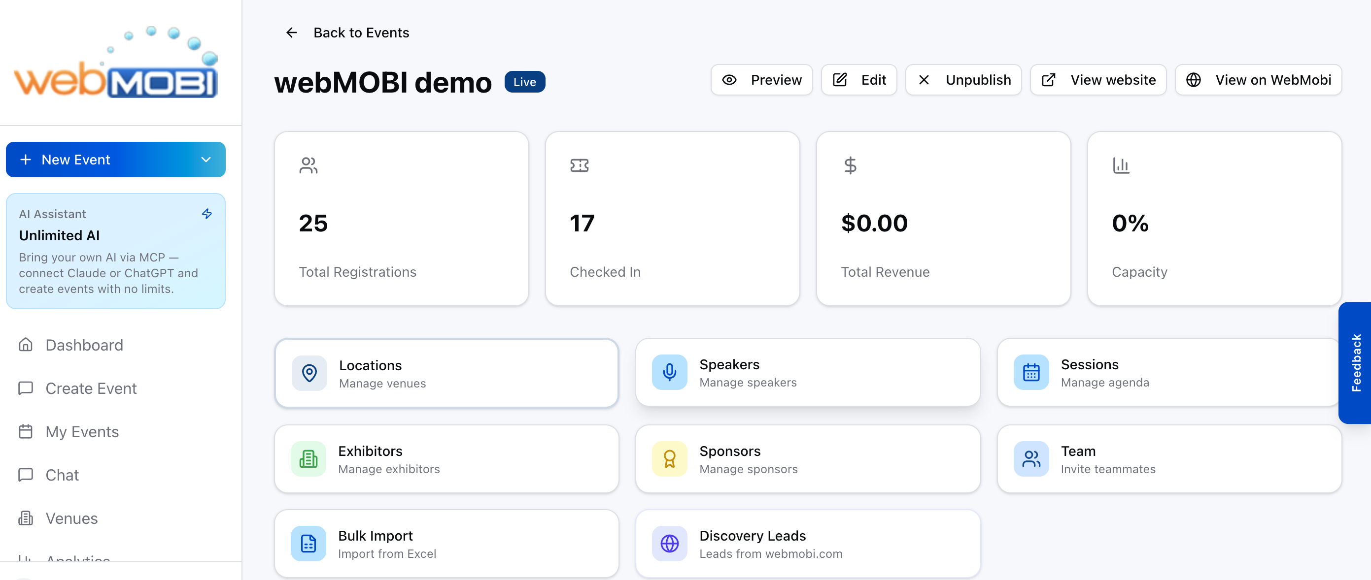The event dashboard tile grid, with the Team tile in the right-hand column