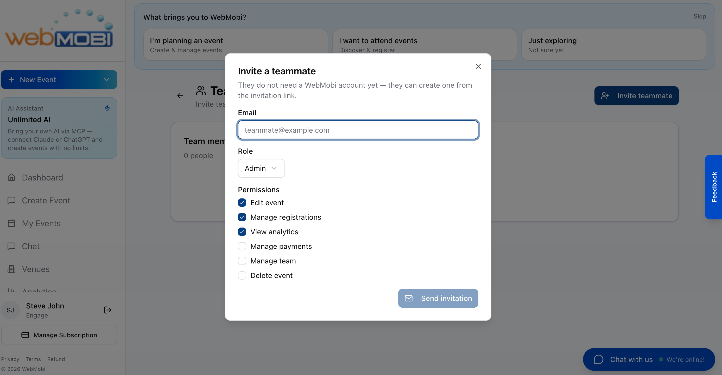 The Invite a teammate dialog, showing the email field, role selector and six permission checkboxes