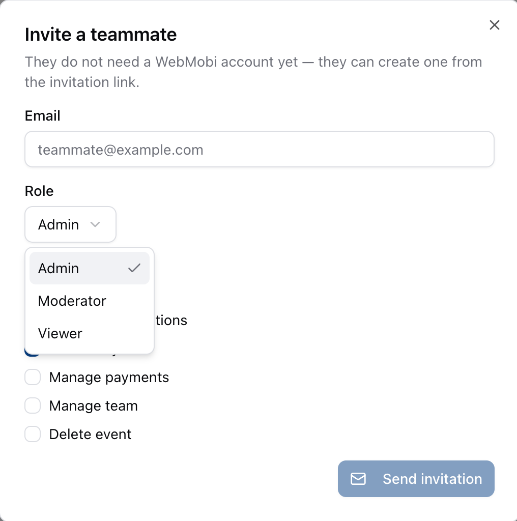 The role selector open, showing Admin, Moderator and Viewer