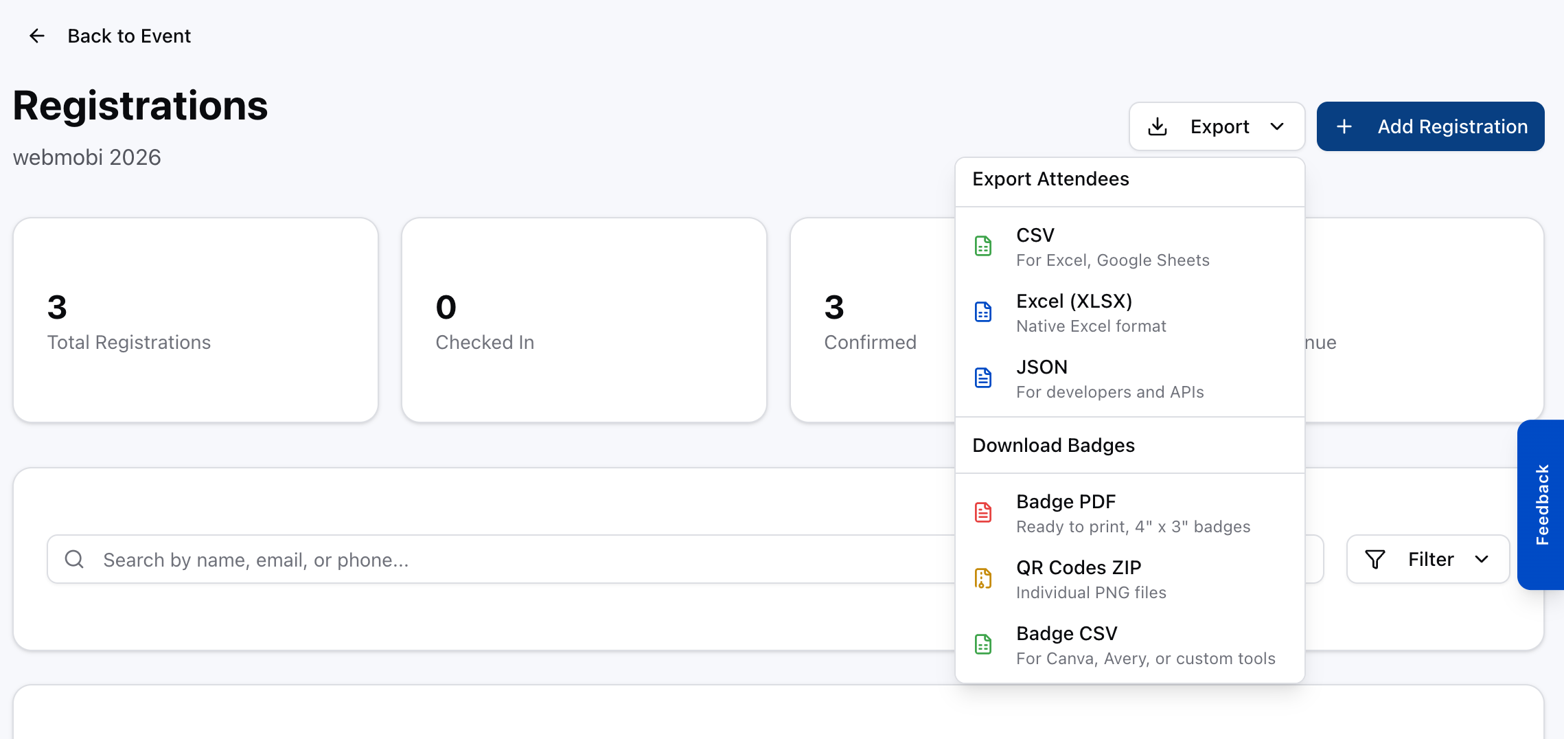 The Registrations page with the Export menu open, showing Export Attendees above and Download Badges below with Badge PDF, QR Codes ZIP and Badge CSV